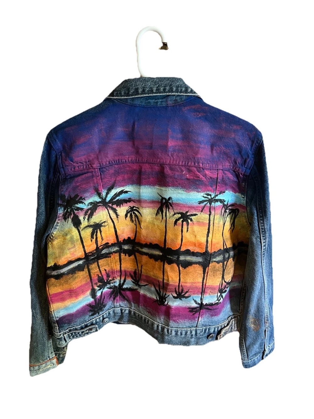 Levis Custom Hand Painted Sunset Palm Trees Beach Denim Jacket Women XL NWT